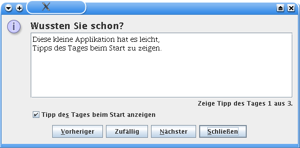 Screenshot of sample tip of the day (German)